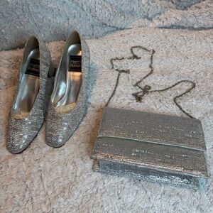 Pierre Dumas Silver Glitter Evening Heels with Matching Clutch